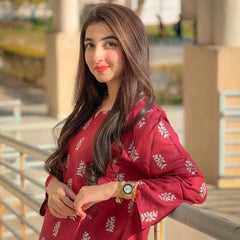 ( mahroon )  Saleha Design Block Print  Stitched Suits casual wear for girls (Summer Lilen)